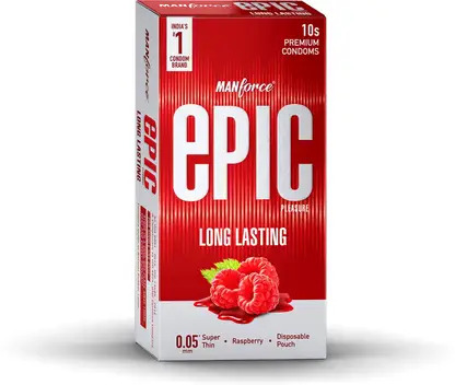 MANFORCE Epic Pleasure Long Lasting Super Thin Raspberry Flavoured Premium Condoms ( Pack Of 10)