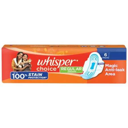 Whisper Choice Sanitary Pads - With Wings, 100% Stain Protection, Regular, 6 Pcs