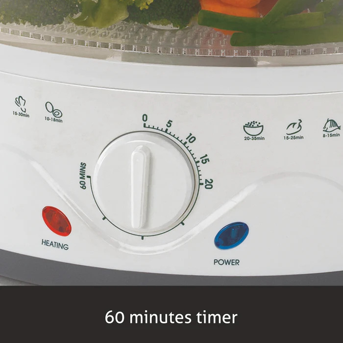 Electric Food Steamer 900w with 60 minute Timer, 3 Food Grade Containers - white (3052)