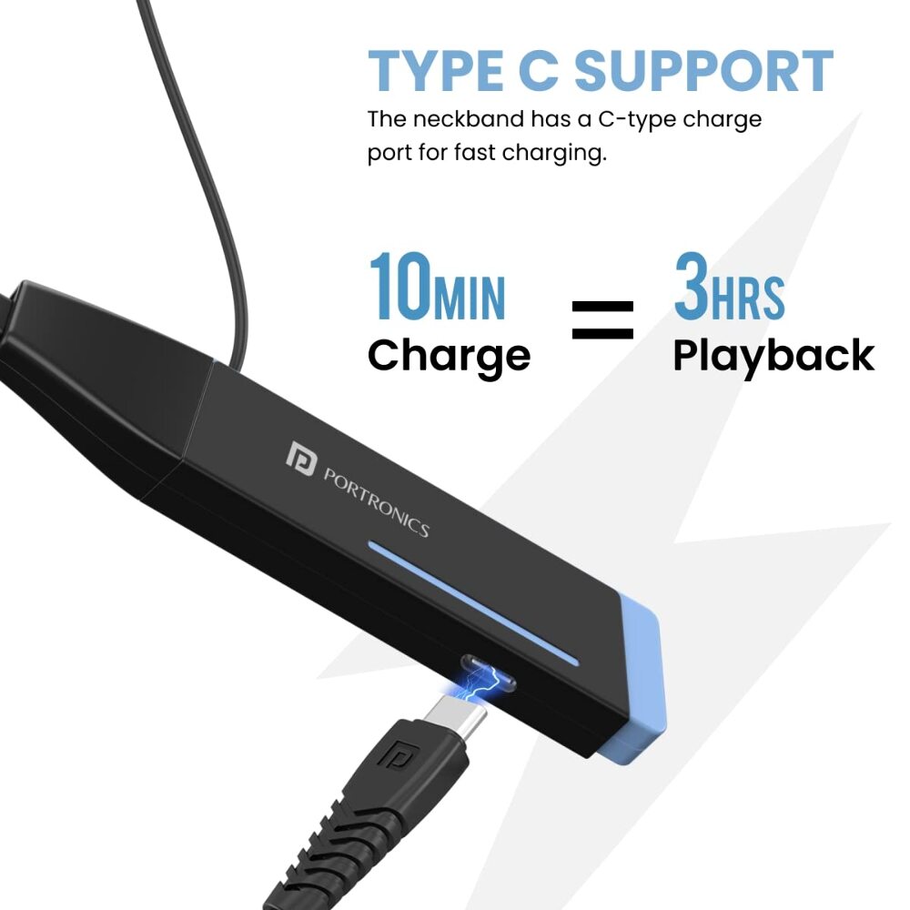 Portronics Harmonics Z2 Wireless Bluetooth 5.2 Headset with Mic, ENC Noise Cancelling, Upto 30Hrs Playtime, Fast Charging Type C Neckband, Voice Assistant, & in-line Controls (Sky Blue)