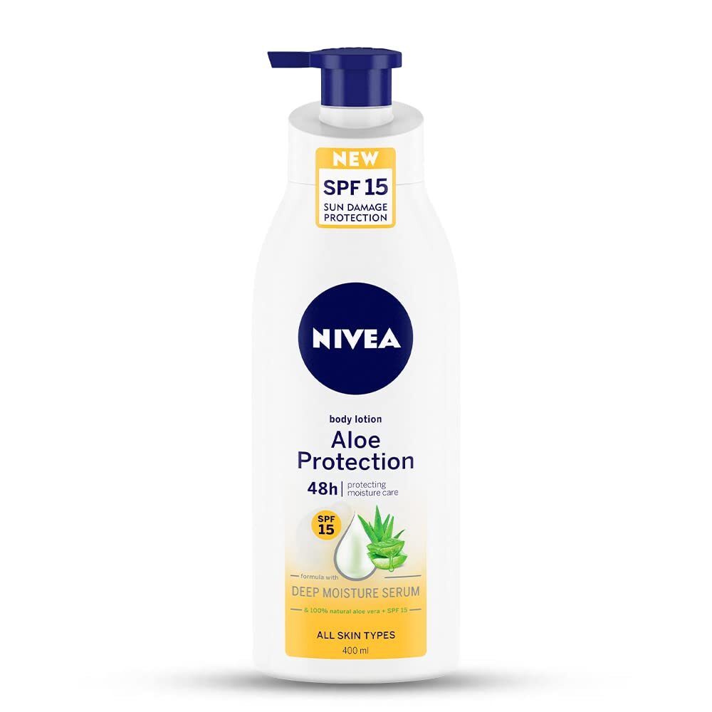 NIVEA Aloe Protection SPF 15 Sun Damage Protection Body Lotion With Deep Moisture Serum & 100% Natural Aloe Vera, 400 ml