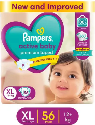 Pampers Active Baby Premium Taped Adujustable Fit XL 12+Kg, 56Diapers