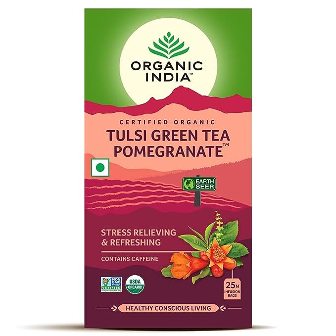Organic India Tulsi Green Tea Pomegranate|Tea Bags, Net Qty 25 Infusion bags * 2 g