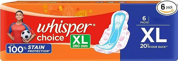 Whisper Choice Sanitary Pads, XL Size, Pack of 6 Pads