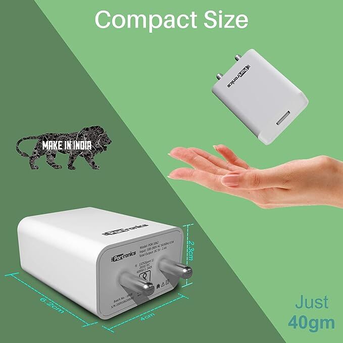 Portronics Adapto 62 POR-1062 USB Wall Adapter with 2.4A Fast Charging Single USB Port Without Cable for All iOS & Android Devices (White)