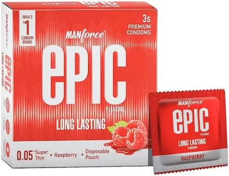 Manforce Epic Pleasure Long Lasting Super Thin Raspberry Flavour Condoms