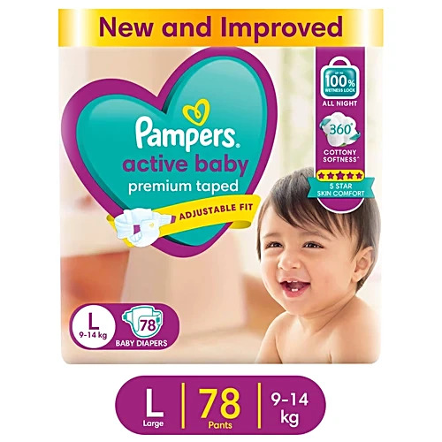 Pampers Active Baby Premium Taped Adjustable Fit L 9-14Kg, 78Diapers