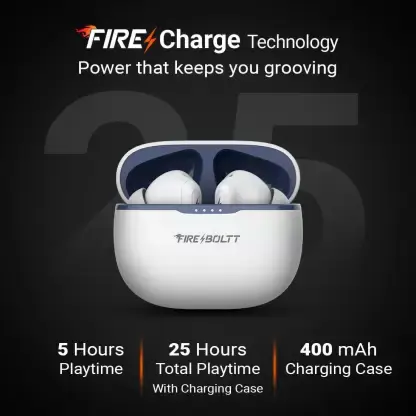 Fire-Boltt Fire Pods Ninja Pro 402 Earbuds TWS, Crisp Calling, Voice Assistant 10mm Driver Bluetooth Headset (White Blue, True Wireless