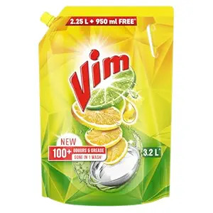 Vim Liquid New 100+ Odours & Grease Gone In 1 Wash 2.25L+ 950Ml