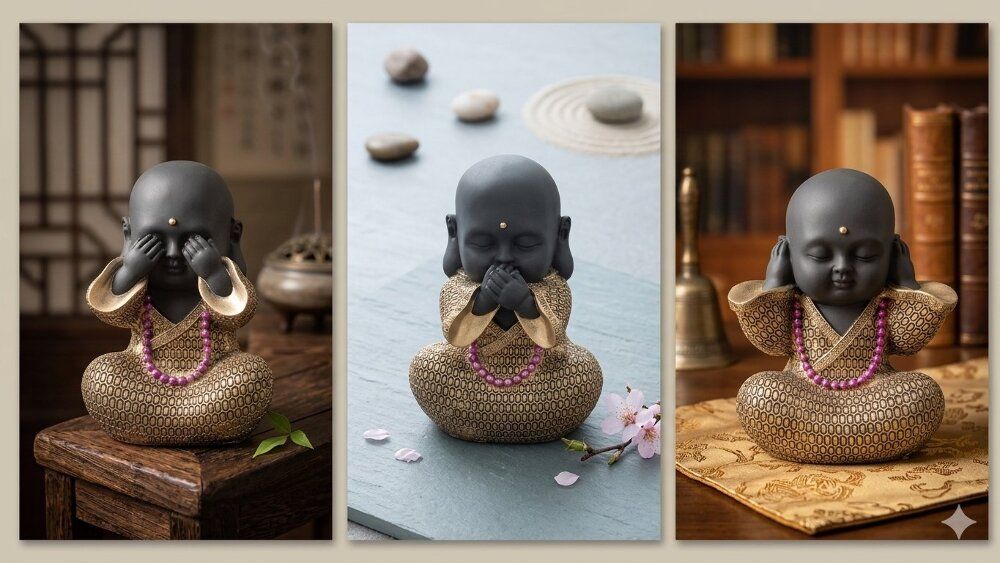 Golden Black See No Evil, Hear No Evil, Speak No Evil Baby Monk Buddha Statue Set of 3