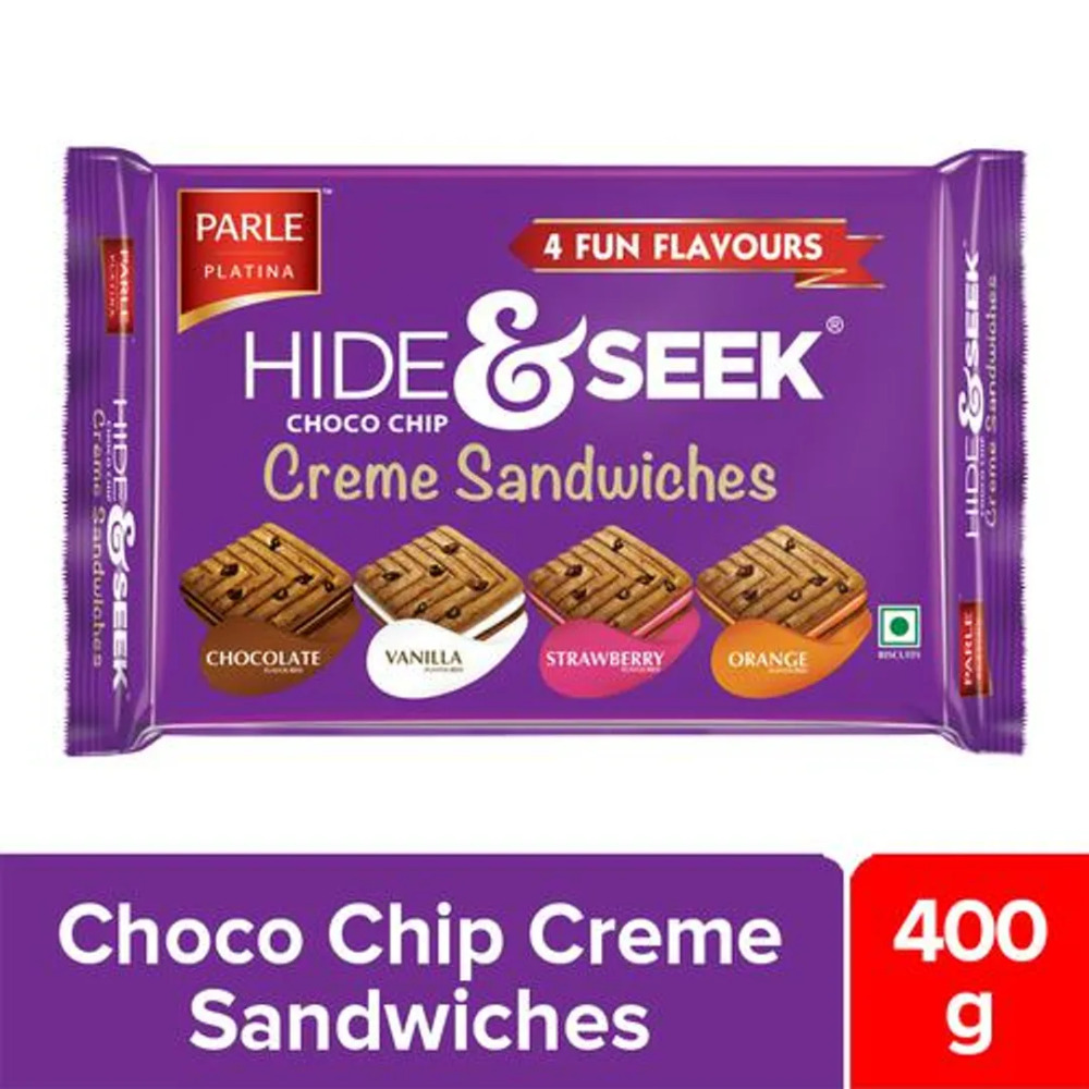 Parle Hide & Seek 4 Fun Flavours Choco Chip Creme Sandwich Biscuits, 400 g