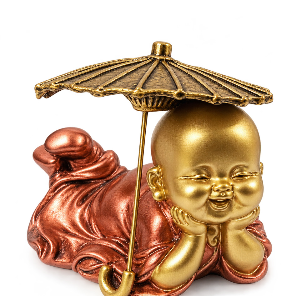 Golden Buddha Monk with Umbrella Decorative Showpiece 1pc