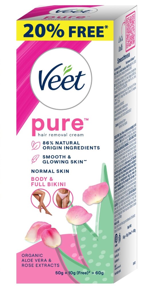 Veet Pure Hair Removal Cream Organic Aloe Vera & Rose Extracts 60gm
