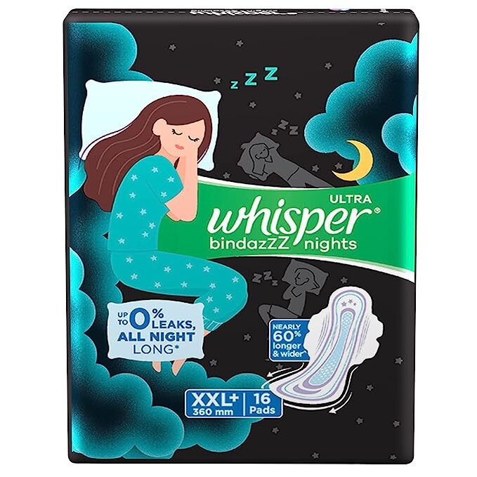 New Whisper Ultra bindazzz nights Sanitary Pads XXL+, Pack Of 16 Pads