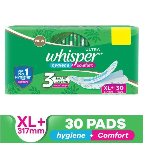 New Whisper Ultra hygiene+comfort Sanitary Pads XL+, Pack of 30 Pads