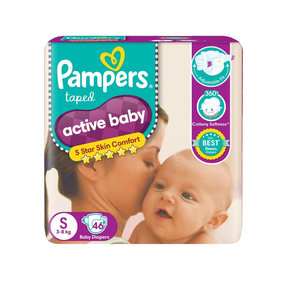 Pampers Active Baby Taped Daipers- Small Size (S) , 46 Baby Diapers