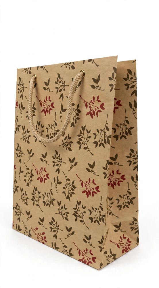 Kraft Paper Gift Bag with Leaf Print and Rope Handle 1N