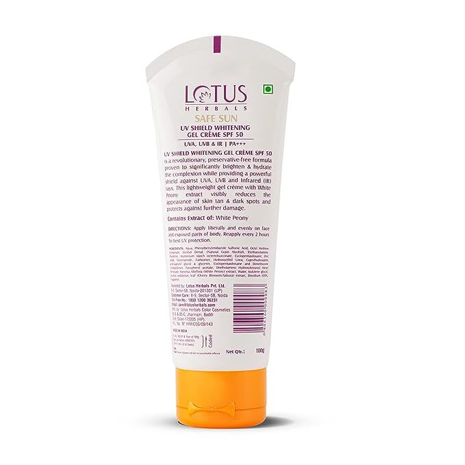 Lotus Herbals Safe Sun UV Shield Whitening Gel Cream SPF 50 PA+++, 100 gm