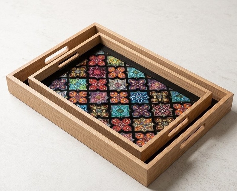 Premium Handcrafted Rectangular Wooden Nesting Serving Trays Set Of 2