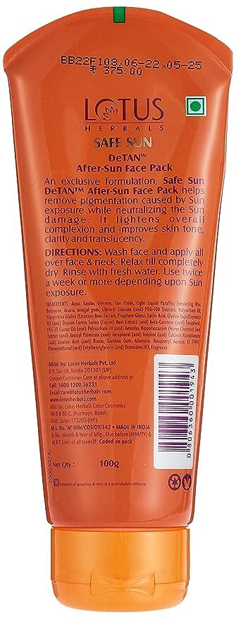 Lotus Herbals Safe Sun DeTAN After-Sun Face Pack, 100 gm