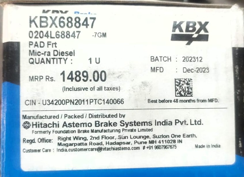 Front Disc Pad for Nissan Micra Diesel / Renault Duster (Old Model) - KBX68847