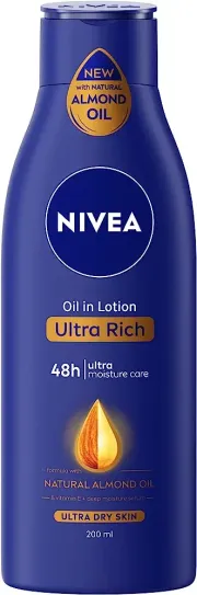 NIVEA Body Lotion Oil In Lotion Ultra Rich With Natural Almond Oil & Vitamin E 48H Moisture Care, 200 ml