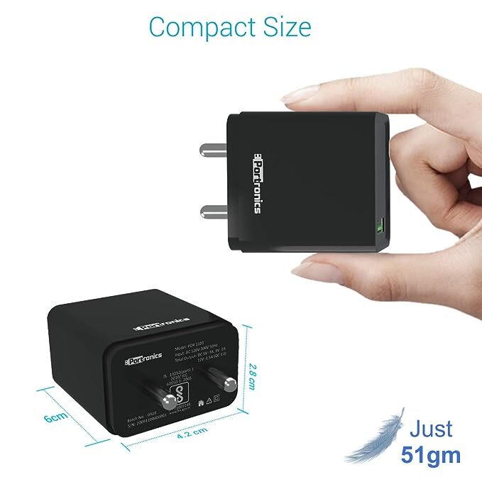 Portronics Adapto ONE, 18w 3A Mach USB Fast Charging Adaptor,Comes with 1M Type-C Cable Single Port Wall Charger for iPhone 11/Xs/XS Max/XR/X/8/7/6/Plus, iPad Pro/Air 2/Mini 3/Mini 4, Samsung S4/S5, and More(Black)