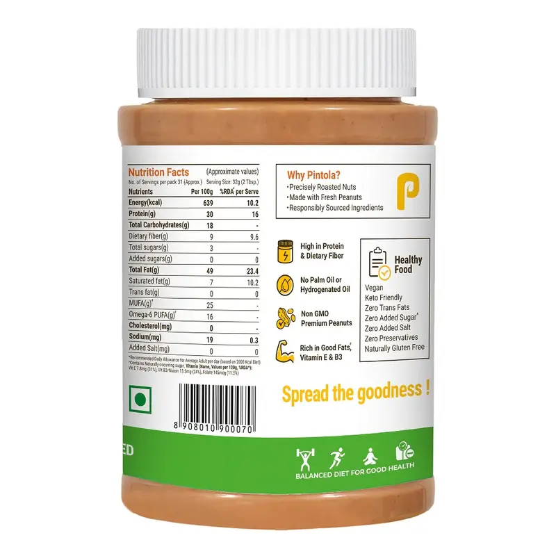Pintola Natural Peanut Butter - Crunchy, Unsweetened, 1 kg