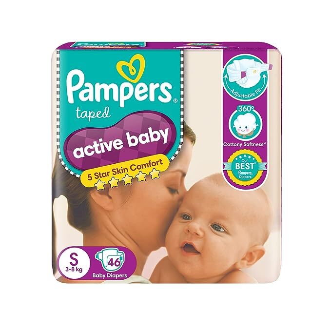Pampers Active Baby Taped Daipers- Small Size (S) , 46 Baby Diapers