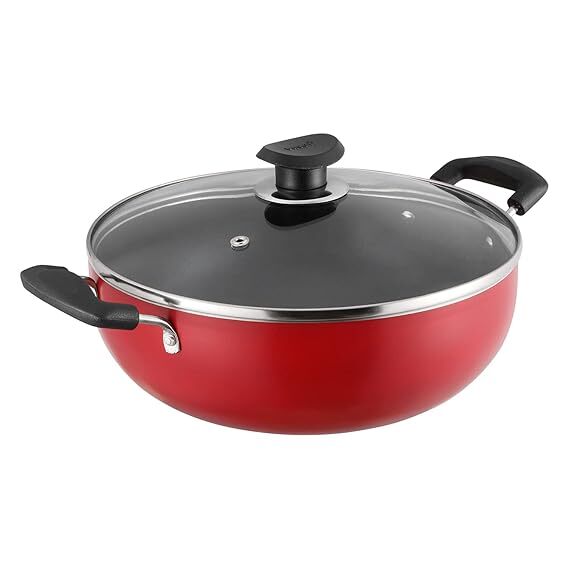Roll over image to zoom in VIDEO 4+ Vinod Zest Inducto Non Stick Deep Kadhai with Glass Lid - 4.1 Litre, 26cm | 3mm Thick | 3 Layer Coating | Swiss Quality | Metal Spoon Friendly | Induction Base