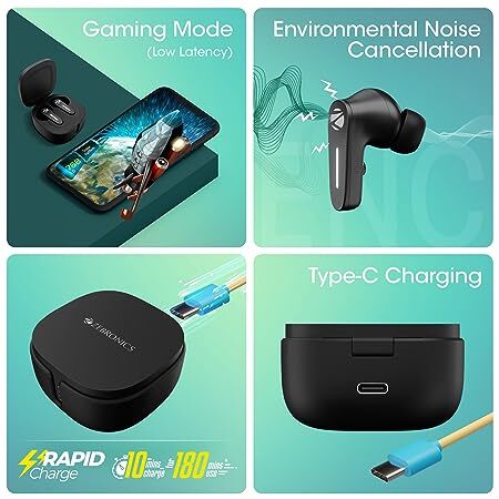 ZEBRONICS Sound Bomb 7 Bluetooth TWS in Ear Earbuds with 40H Playtime, ENC Mic, Rapid Charge, Upto 50ms Gaming Mode, Flash Connect, Voice Assistant, Smooth Touch Control, BT v5.2, Type C (Black)