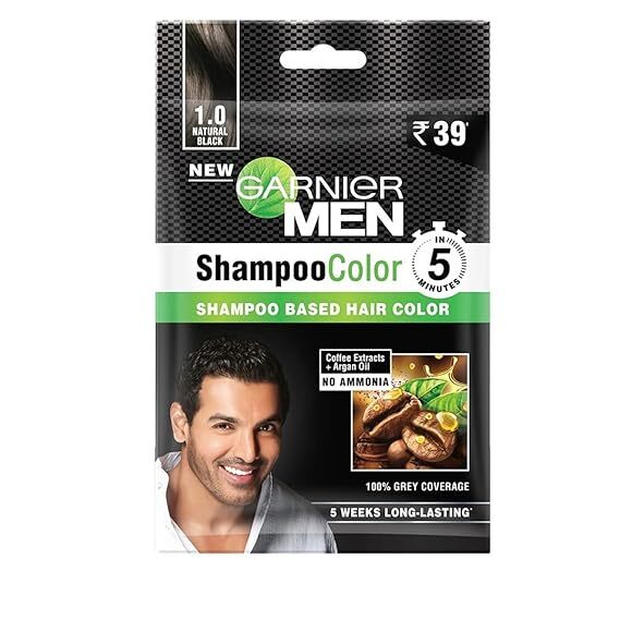 Garnier Men, Liquid Hair Colour, Shampoo Color, 1.0 Natural Black, 10ml+10ml