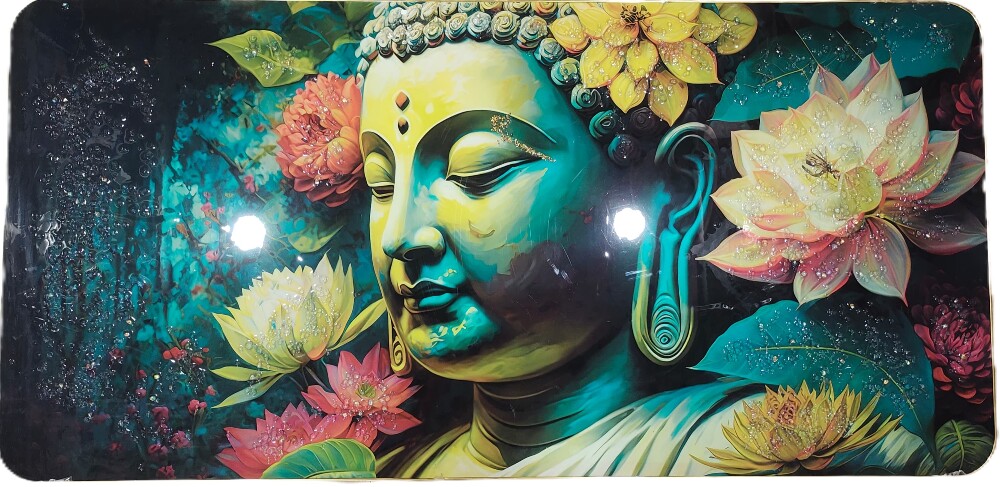 Buddha head surrounded by colorful flowers