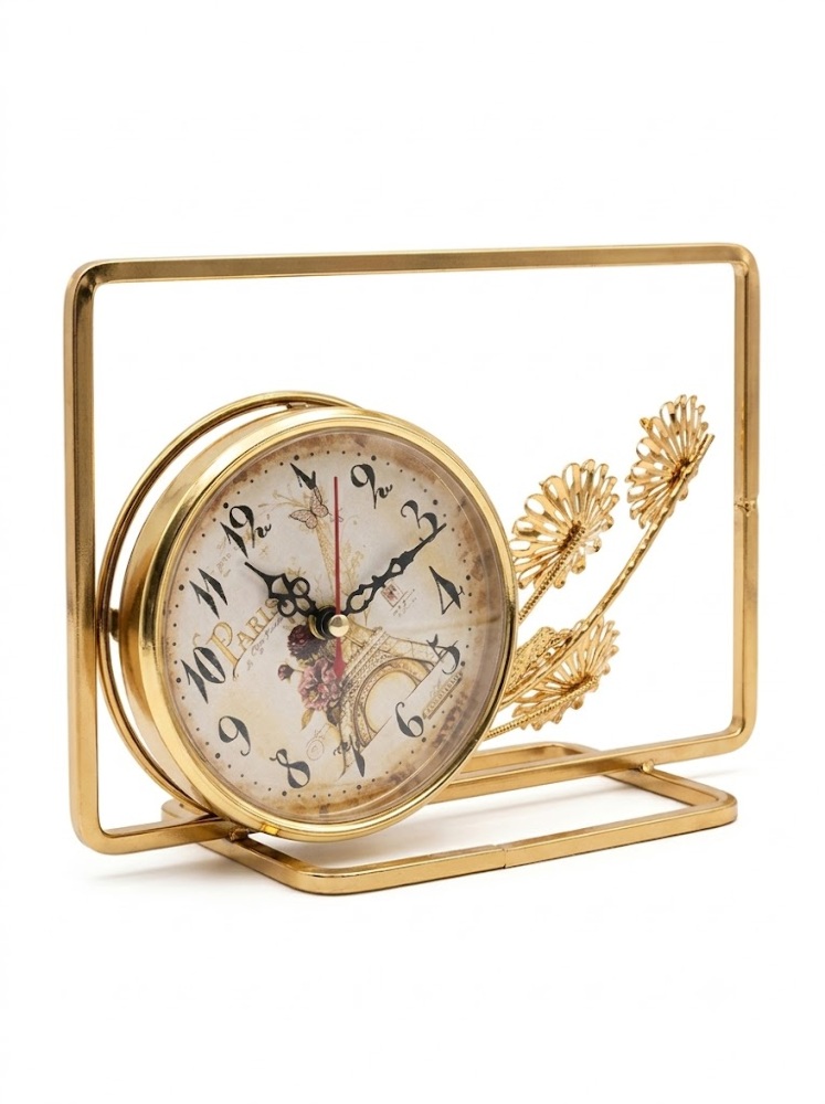 Vintage Gold Metal Frame Table Clock with Floral Accent 1pc