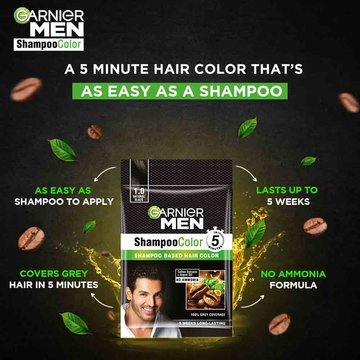 Garnier Men Shampoo Color - Shade 1.0 Natural Black | 5-Min Hair Color for Men