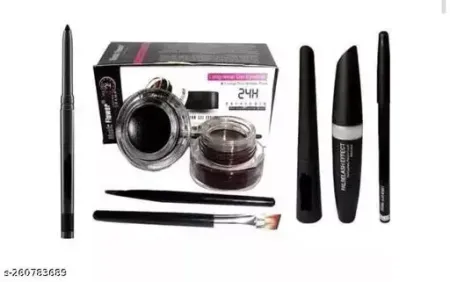 MUSIC FLOWER GEL EYELINER ( BLACK & BROWN ) & 3 IN 1 MASCARA WATERPROOF EYELINER , EYEBROW PENCIL & LONG LASTING BLACK KAJAL ( 5 ITEM )