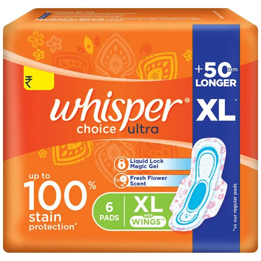 Whisper Choice Ultra Sanitary Pads, XL Size, Pack of 6 Pads