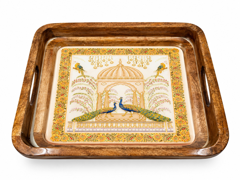 Royal Peacock Wooden Tray Set Of 2