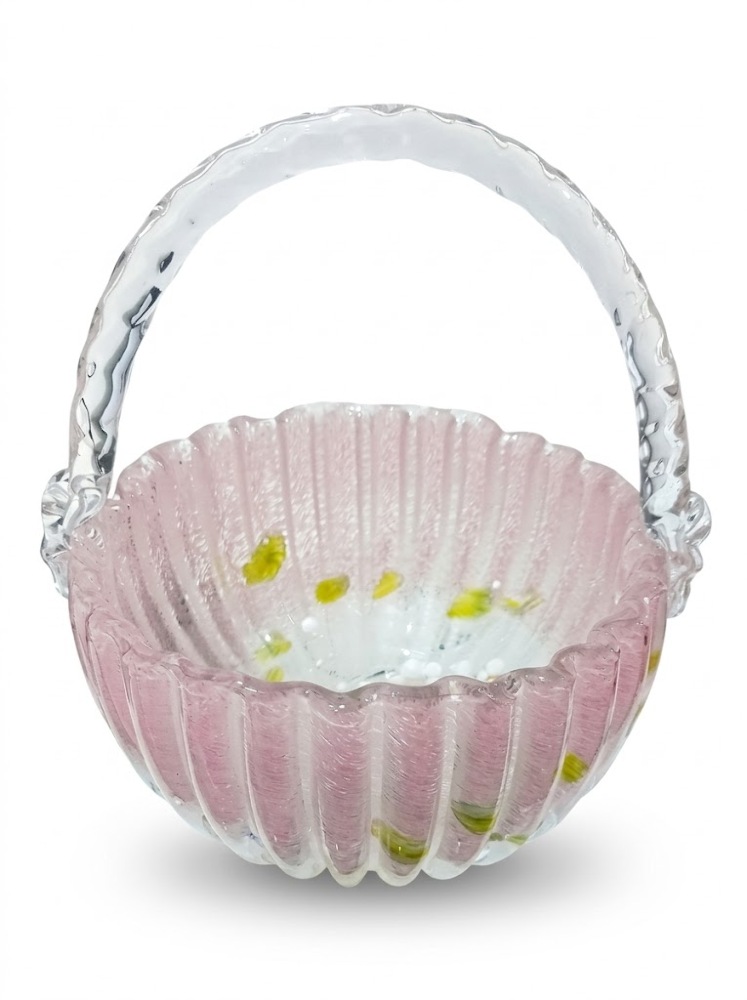 Elegant Ribbed Glass Basket Bowl with Handle 1pc