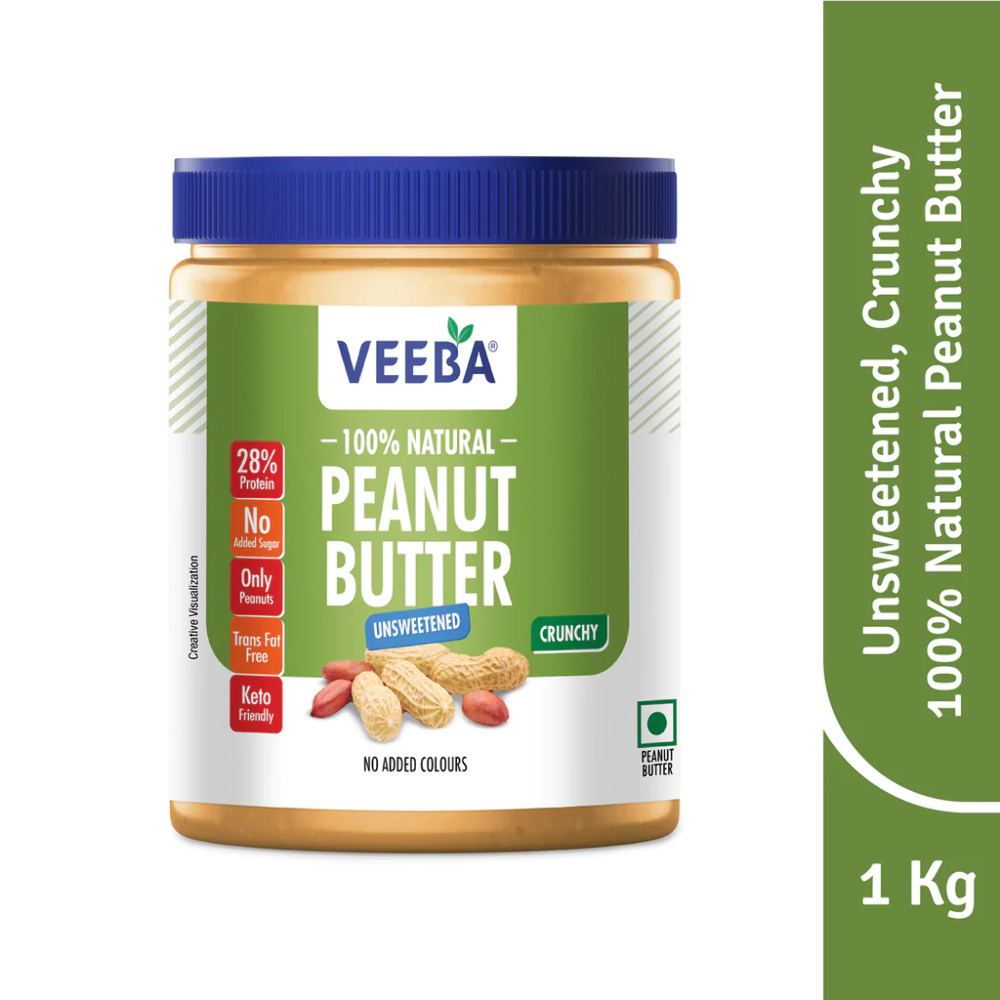 Veeba Natural Peanut Butter | High Protein | No Added Sugar |Unsweetened | Naturally Gluten-Free | Vegan | No Added Preservatives | No Hydrogenated Oil | Non GMO | 1kg