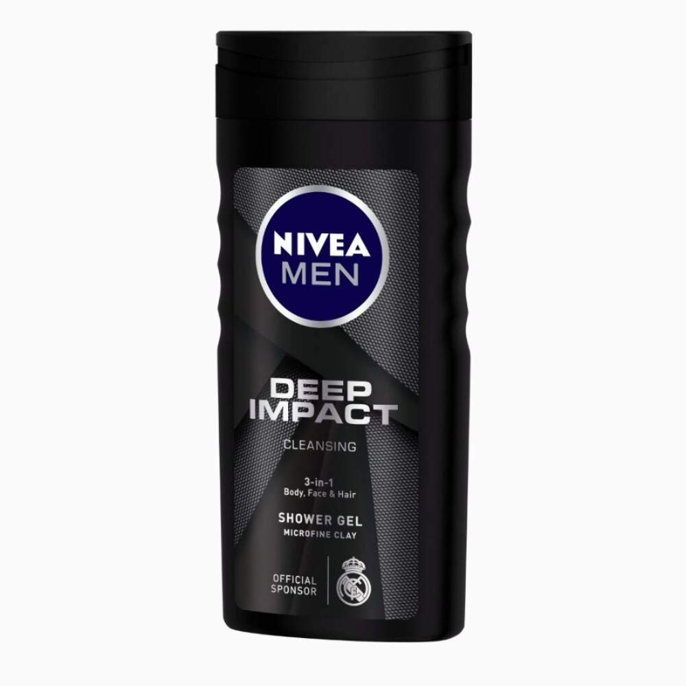 Nivea Men Body Wash, Deep Impact, 3 in 1 Shower Gel for Body, Free & Hair With Microfine Clay, 250 ml