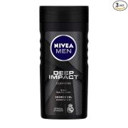Nivea MEN Deep Impact 3 in 1 Shower Gel for Body, Face & Hair, with Microfine Clay Body Wash, 250 ml