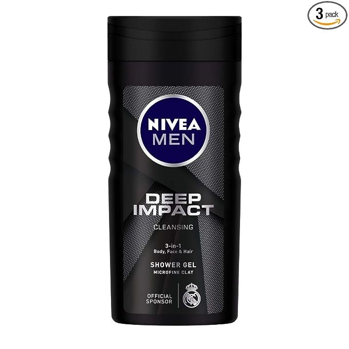 Nivea MEN Deep Impact 3 in 1 Shower Gel for Body, Face & Hair, with Microfine Clay Body Wash, 250 ml