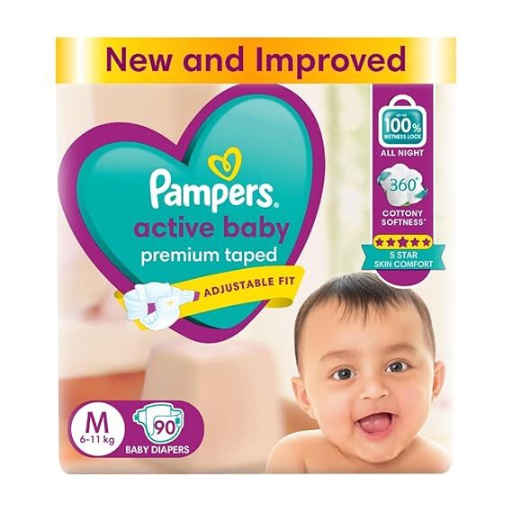 Pampers Active Baby Premium Taped Adjustable Fit M 6-11Kg, 90Diapers