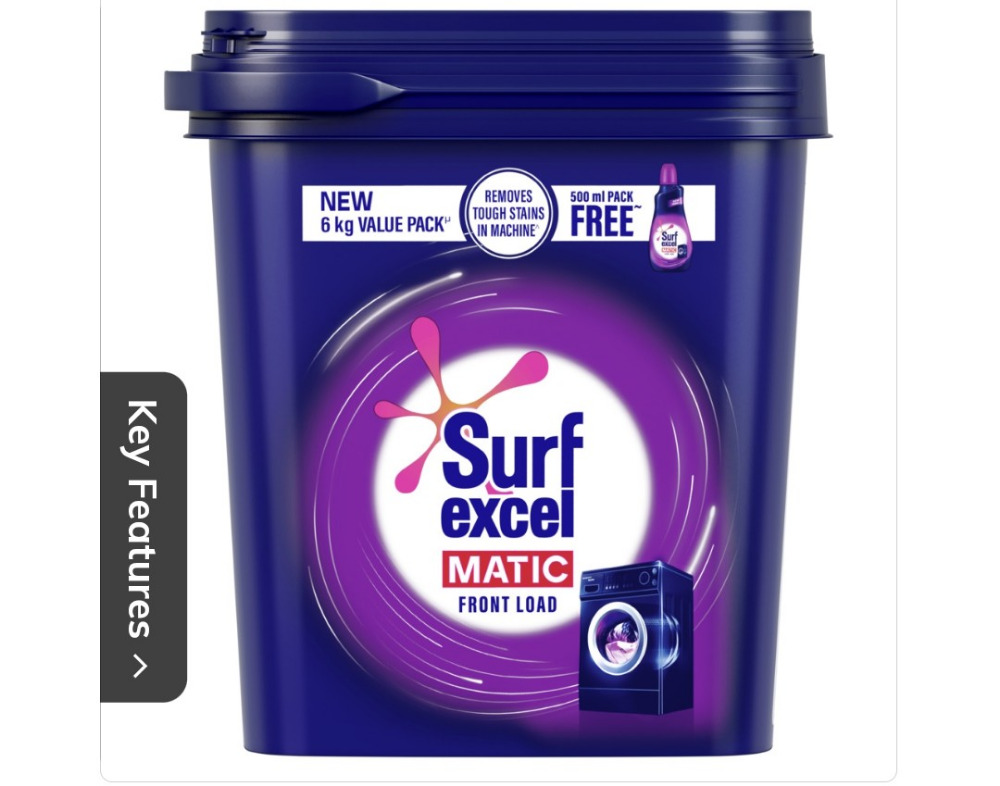 Surf Excel Front Load Detergent Powder, 6kg 500ml FREE