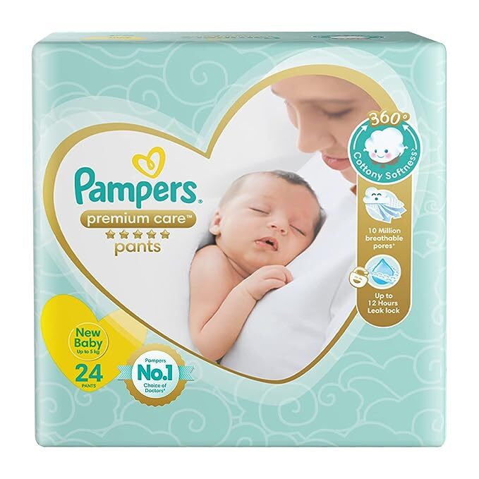 Pampers Premium Care Pants for New Born Baby Extra Small Size Baby Diapers, 24 Count Soffest Ever Pampers