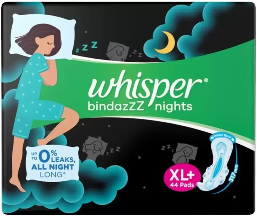 New Whisper Ultra bindazzz nights Sanitary Pads XL+, Pack Of 44 Pads