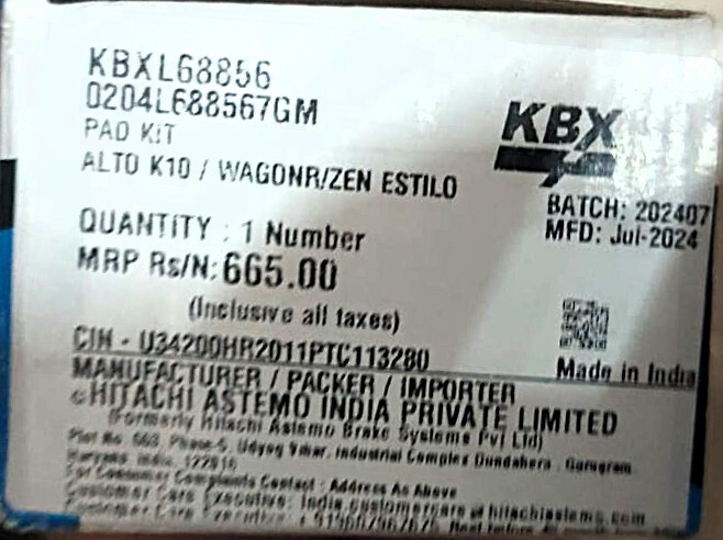 Disc Pad for Maruti Alto K10 / WagonR / Zen Estilo - KBXL68856