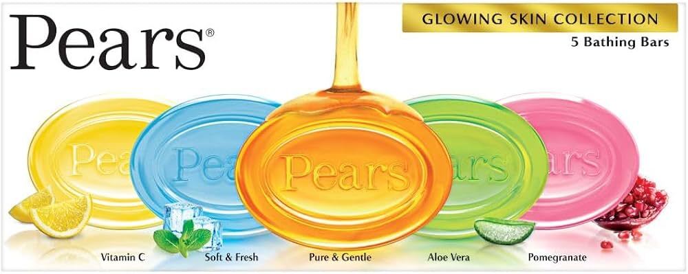 Pears Glowing Skin Collection 5 Bathing Bars, (Vitamin C, Soft & Fresh, Pure & Gentle, Aloe Vera, Pomegranate)