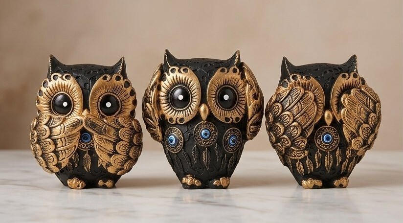 Premium Handcrafted Black And Gold Resin Three Wise Owls Figurines Set of 3